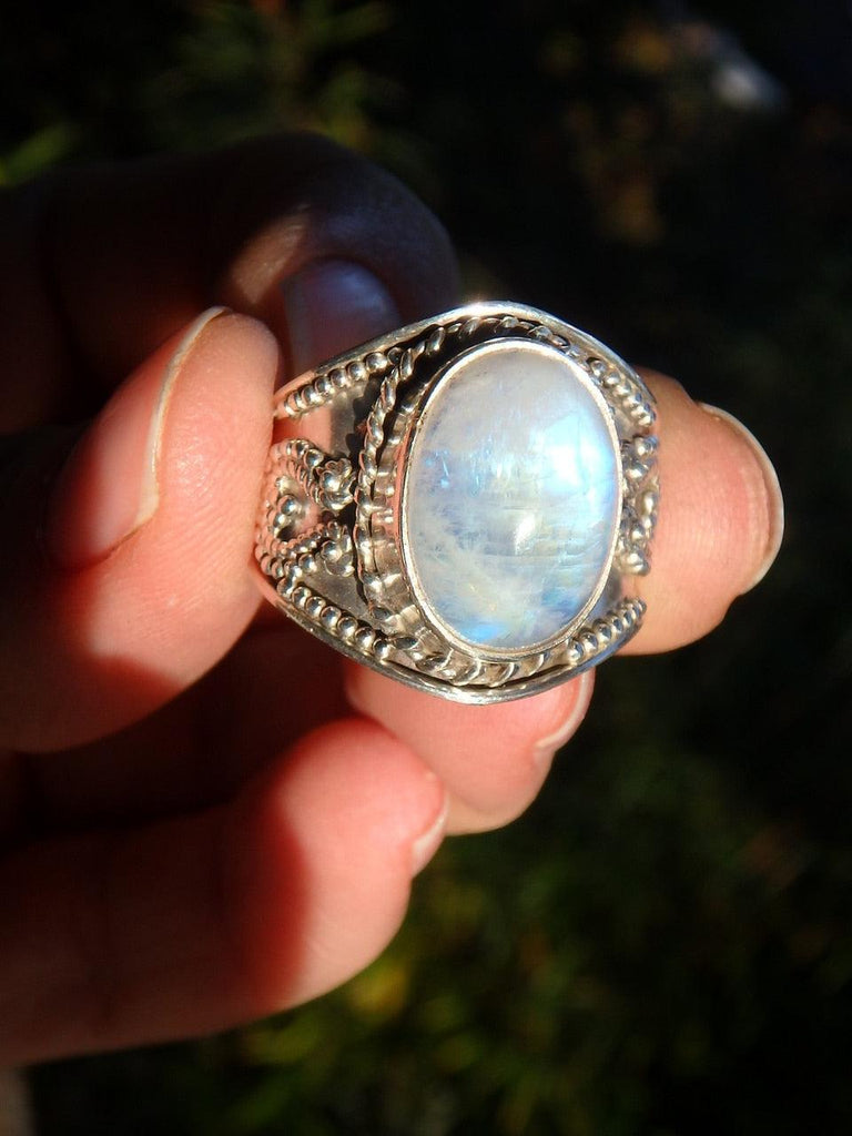 Fantastic Flashes & Style Rainbow Moonstone Ring In Sterling Silver (Size 7.5) - Earth Family Crystals
