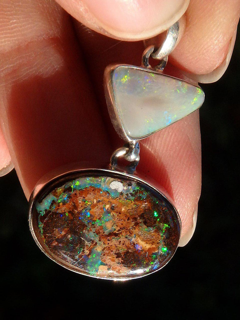 Reserved For Danielle G. Outstanding Flashes Australia Boulder Opal & Coober Pedy Opal Pendant In Sterling Silver (Includes Silver Chain) - Earth Family Crystals