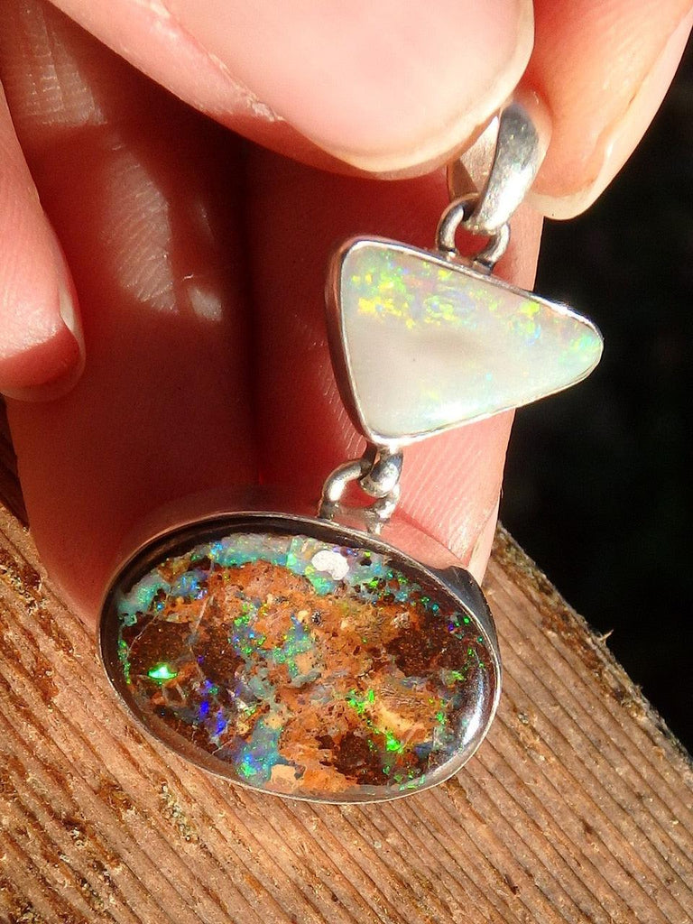 Reserved For Danielle G. Outstanding Flashes Australia Boulder Opal & Coober Pedy Opal Pendant In Sterling Silver (Includes Silver Chain) - Earth Family Crystals