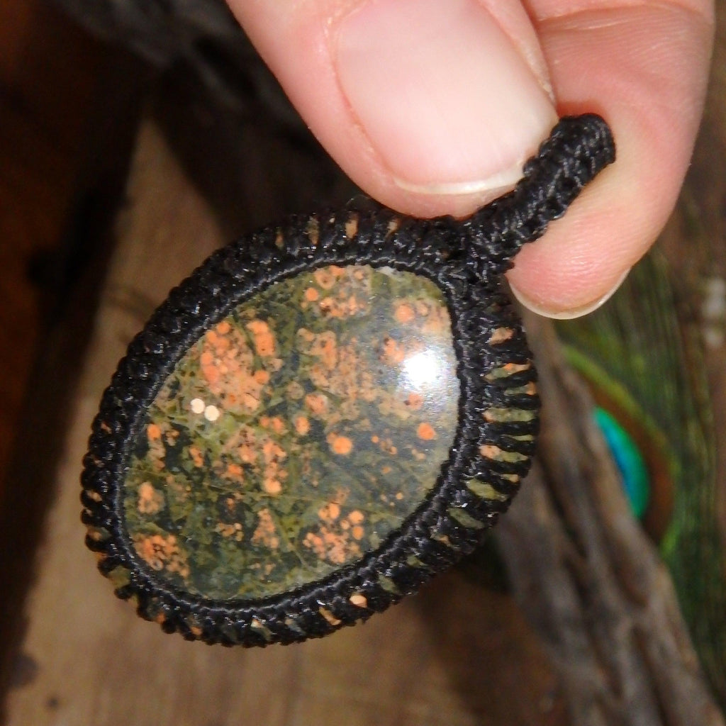 Salmon Pink & Forest Green Unakite Handmade Macrame Pendant - Earth Family Crystals
