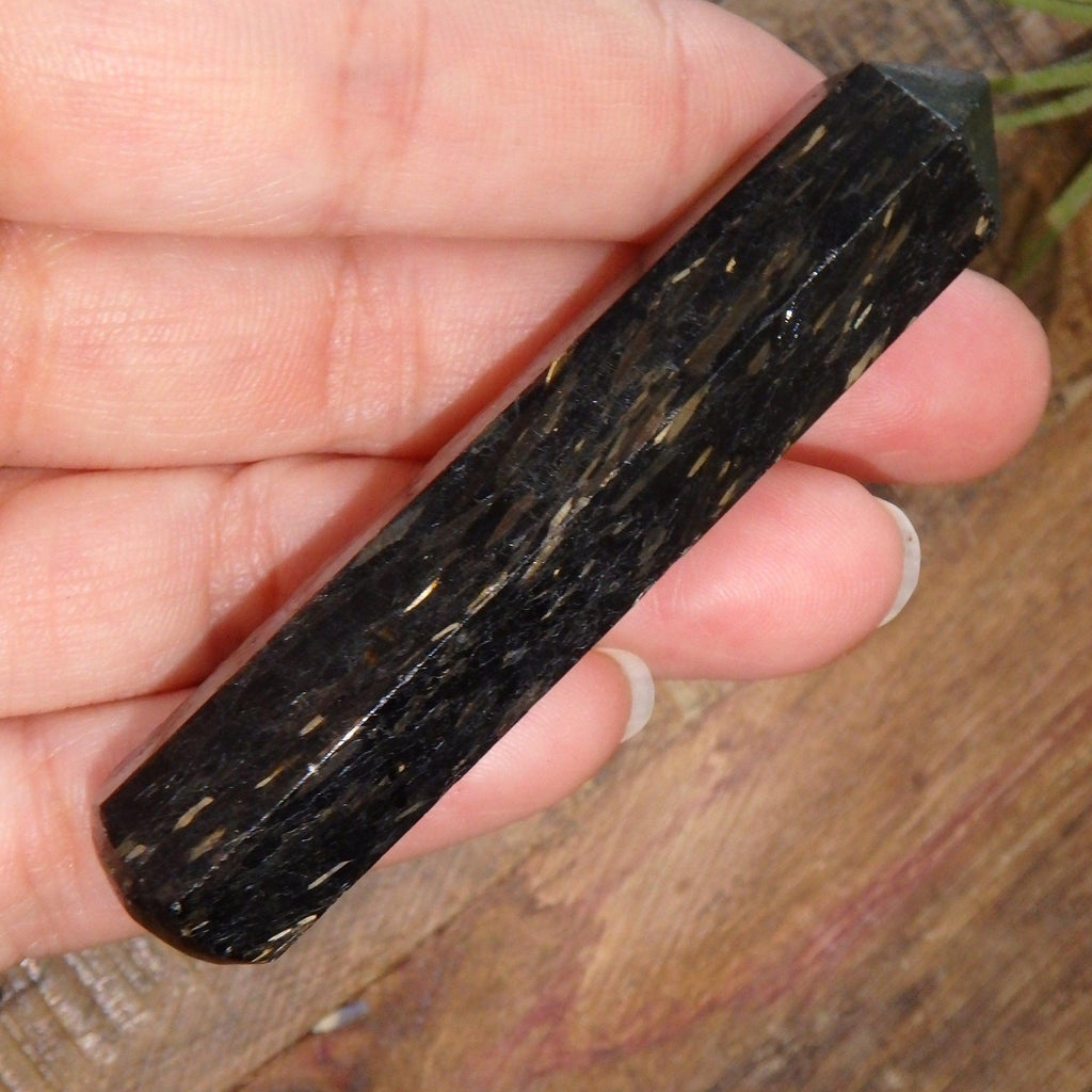 Genuine Greenland Nuummite With Lightening Flashes of Mysterious Color Wand Carving 3 - Earth Family Crystals