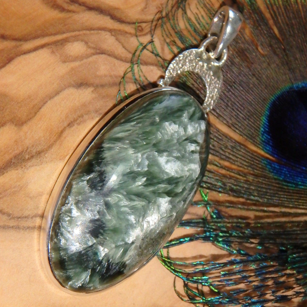 Feathery Silver Inclusions Seraphinite Sterling Silver Pendant (Includes Silver Chain) - Earth Family Crystals