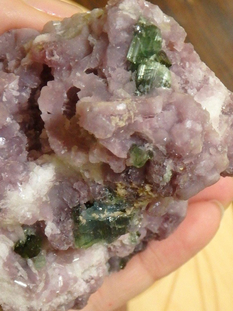Amazing Large & Natural Deep Green Tourmaline Nestled in Lilac Lepidolite Cluster - Earth Family Crystals