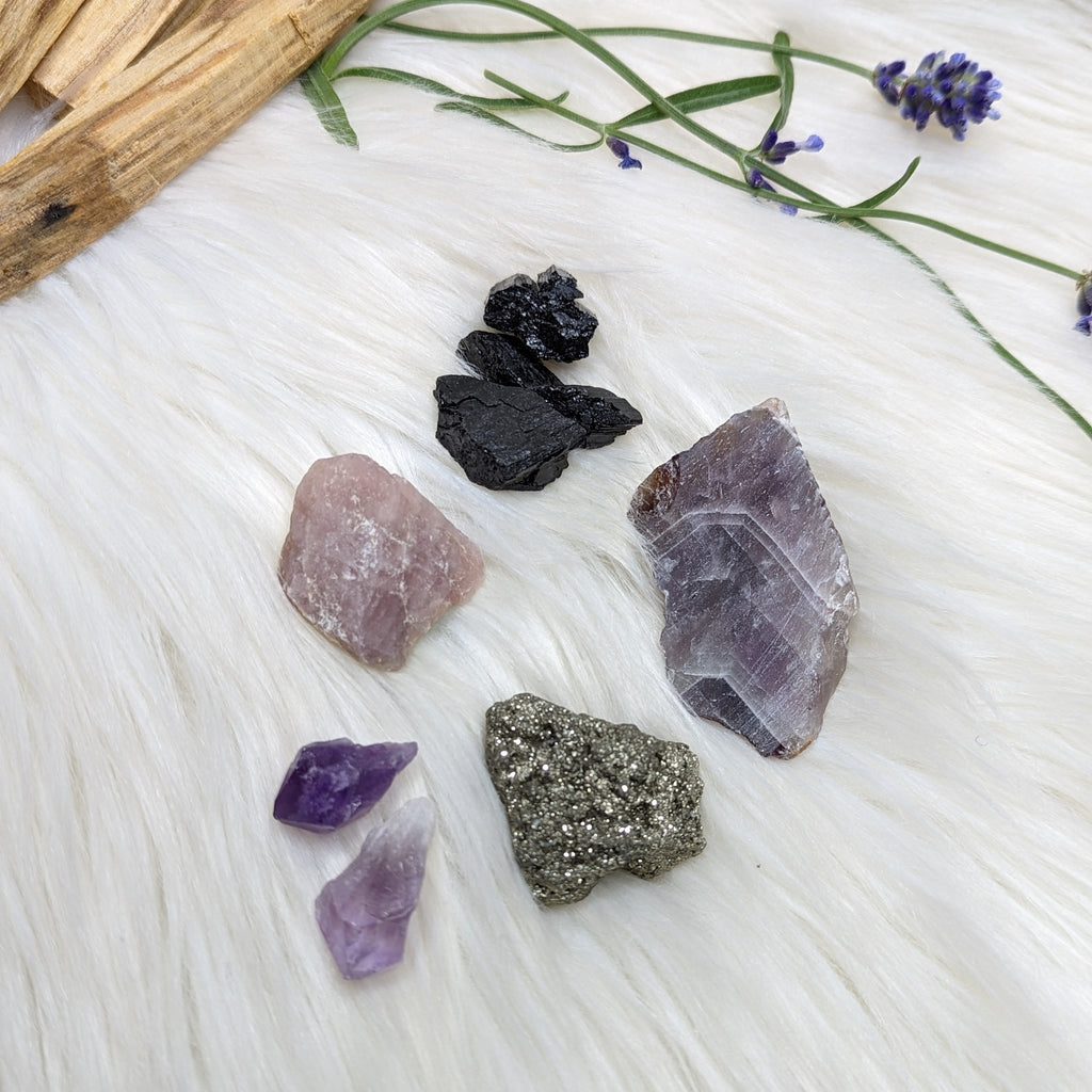 Crystal Set! Auralite-23, Amethyst, Pyrite, Black Tourmaline & Lavender Rose Quartz- Set 2 - Earth Family Crystals