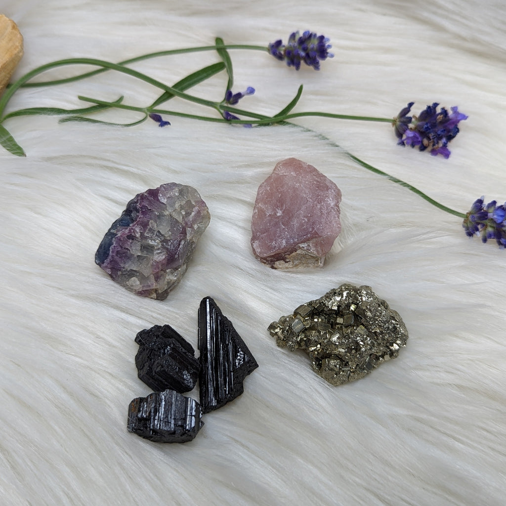 Crystal Set! Rainbow Flourite, Pyrite, Lavender Rose Quartz and Black Tourmaline- Set 2 - Earth Family Crystals