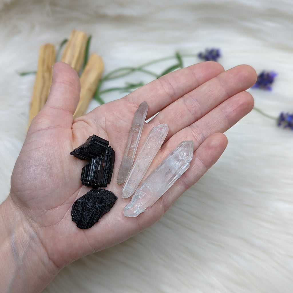 Crystal Set! Clear Quartz points from Brazil + Black Tourmaline - Earth Family Crystals