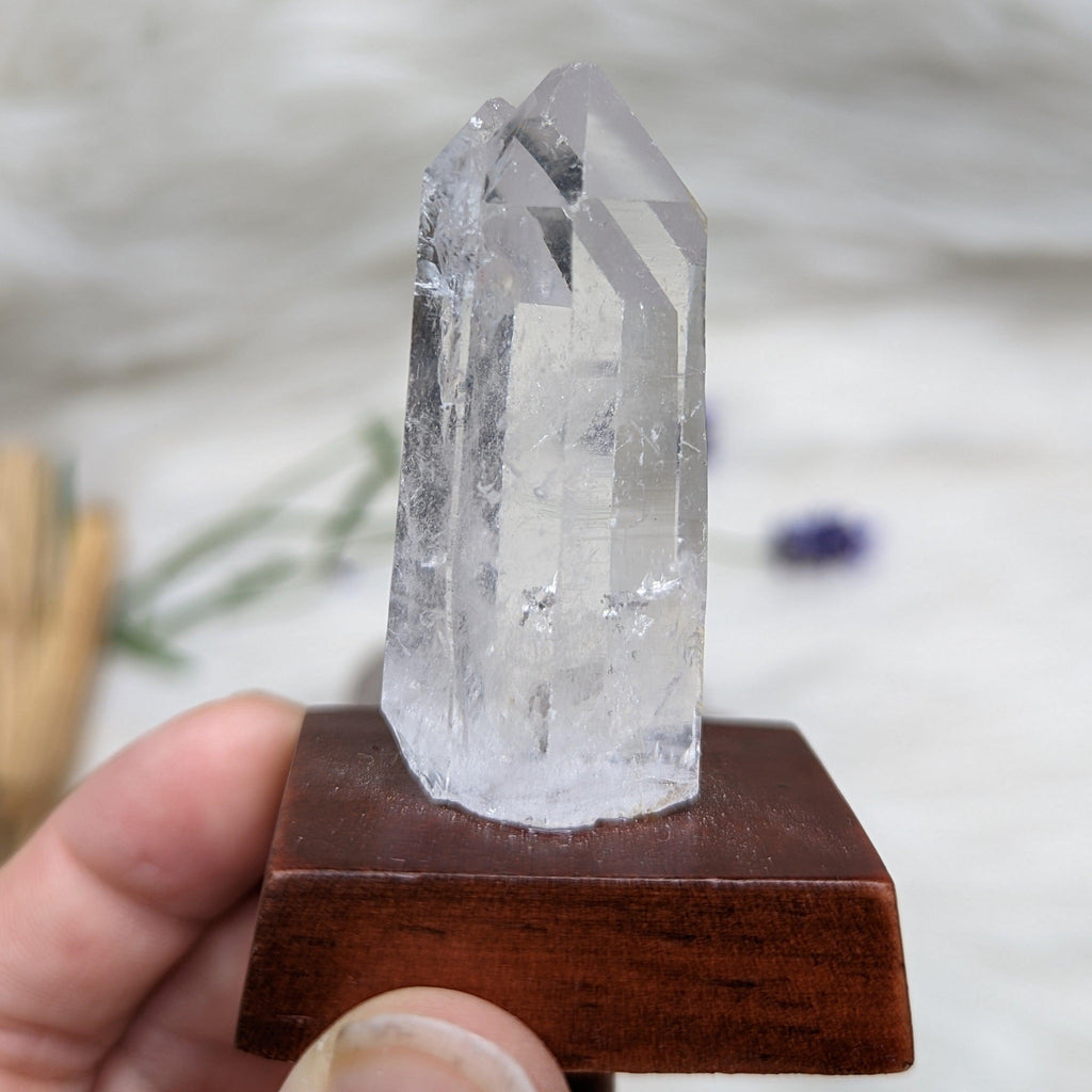 Clear Quartz Standing Display Point on Wood Mount - Earth Family Crystals