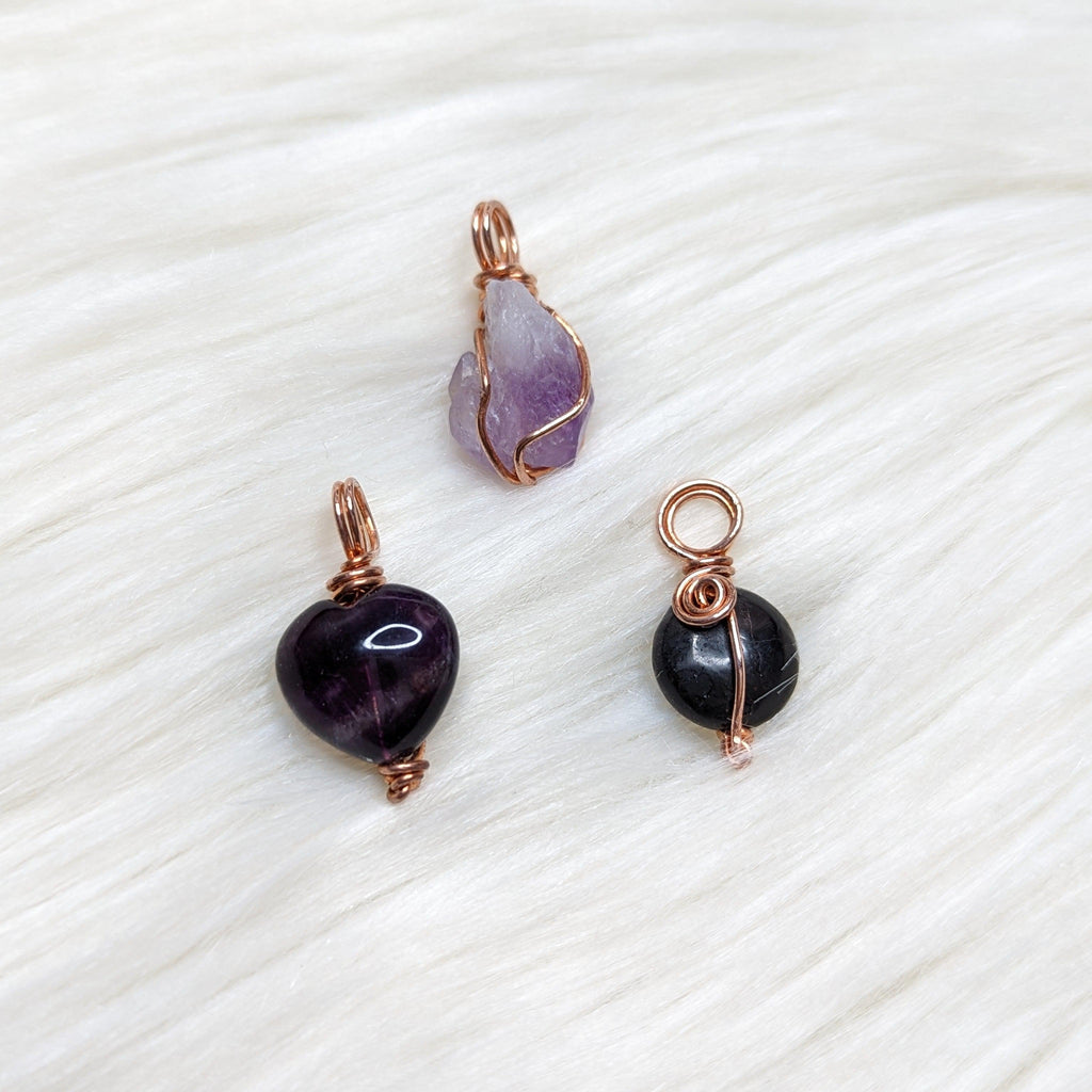 Set of 3 Wire Wrapped Gemstone Pendants- Raw Amethsyt, Rainbow Flourite and Shungite - Earth Family Crystals