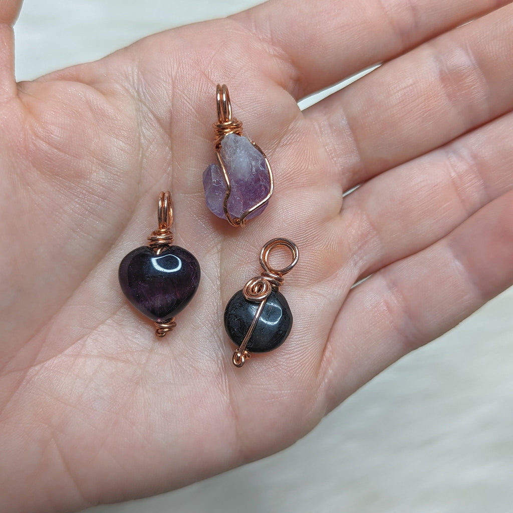 Set of 3 Wire Wrapped Gemstone Pendants- Raw Amethsyt, Rainbow Flourite and Shungite - Earth Family Crystals