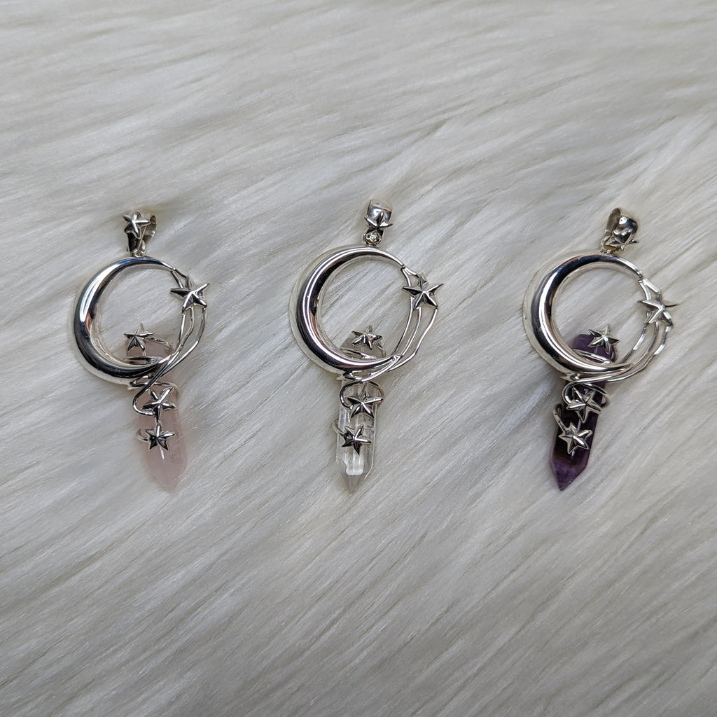 Sterling Silver Moon and Stars with Gemstone Pendant~ Includes Silver Chain ~Amethyst, Rose Quartz or Clear Quartz ~ - Earth Family Crystals