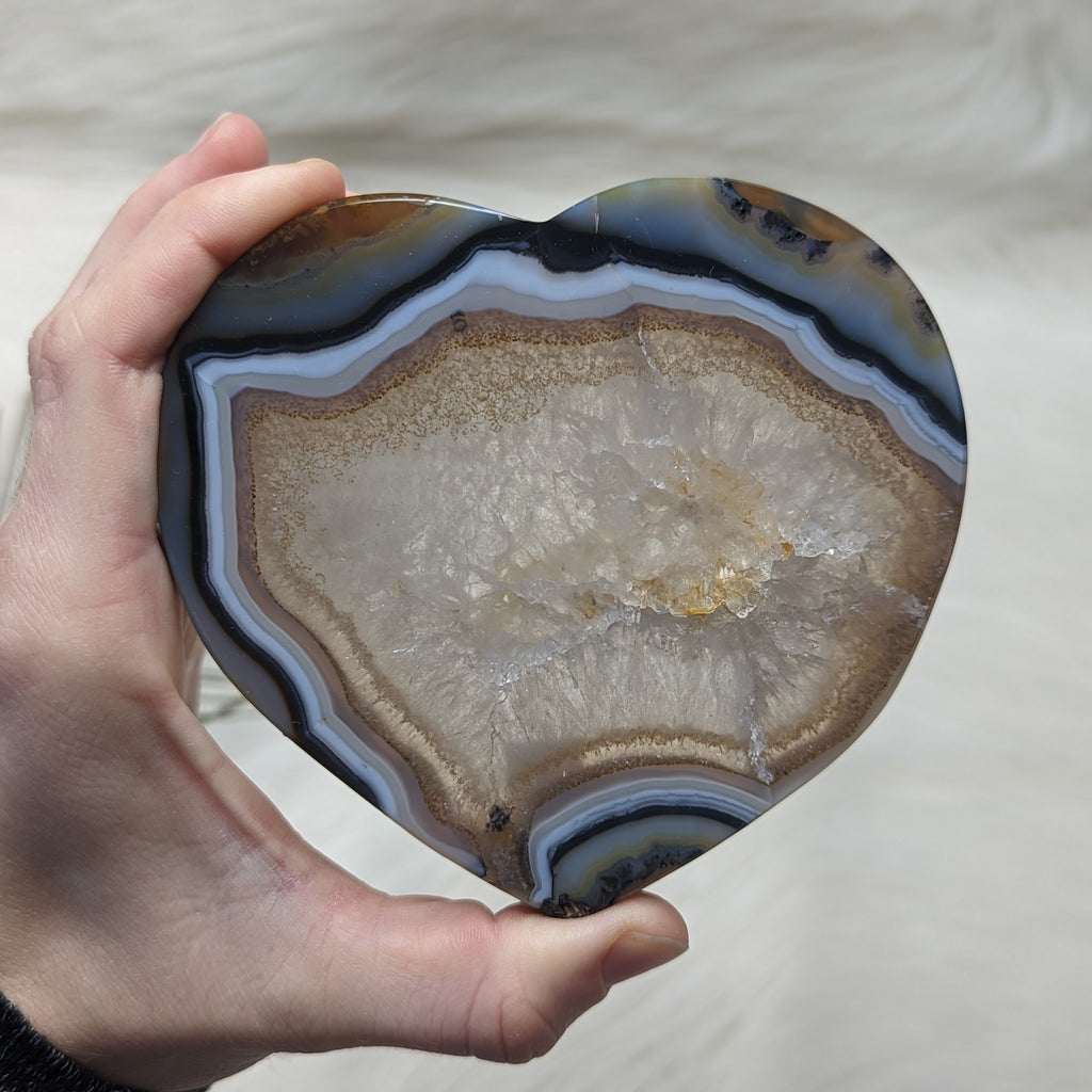 Large Natural Agate Heart Carving ~ Brazil ~ GORGEOUS BANDING AND DRUZY SPARKLE~ - Earth Family Crystals