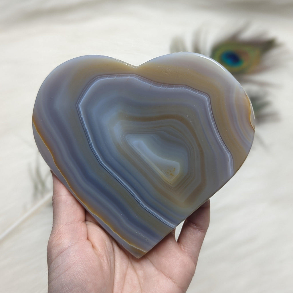 Medium Natural Agate Heart Carving ~ Brazil ~ STUNNING BLUE, TAN & WHITE BANDING - Earth Family Crystals