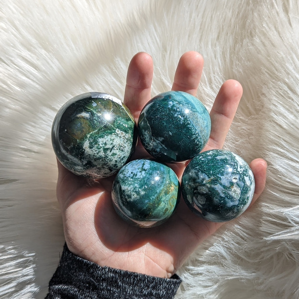 One Gorgeous Moss Agate Sphere Carving - Earth Family Crystals