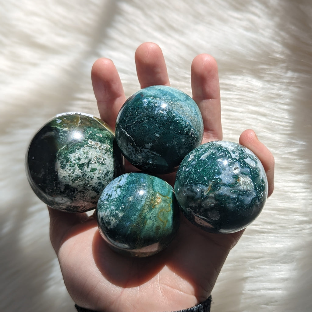 One Gorgeous Moss Agate Sphere Carving - Earth Family Crystals