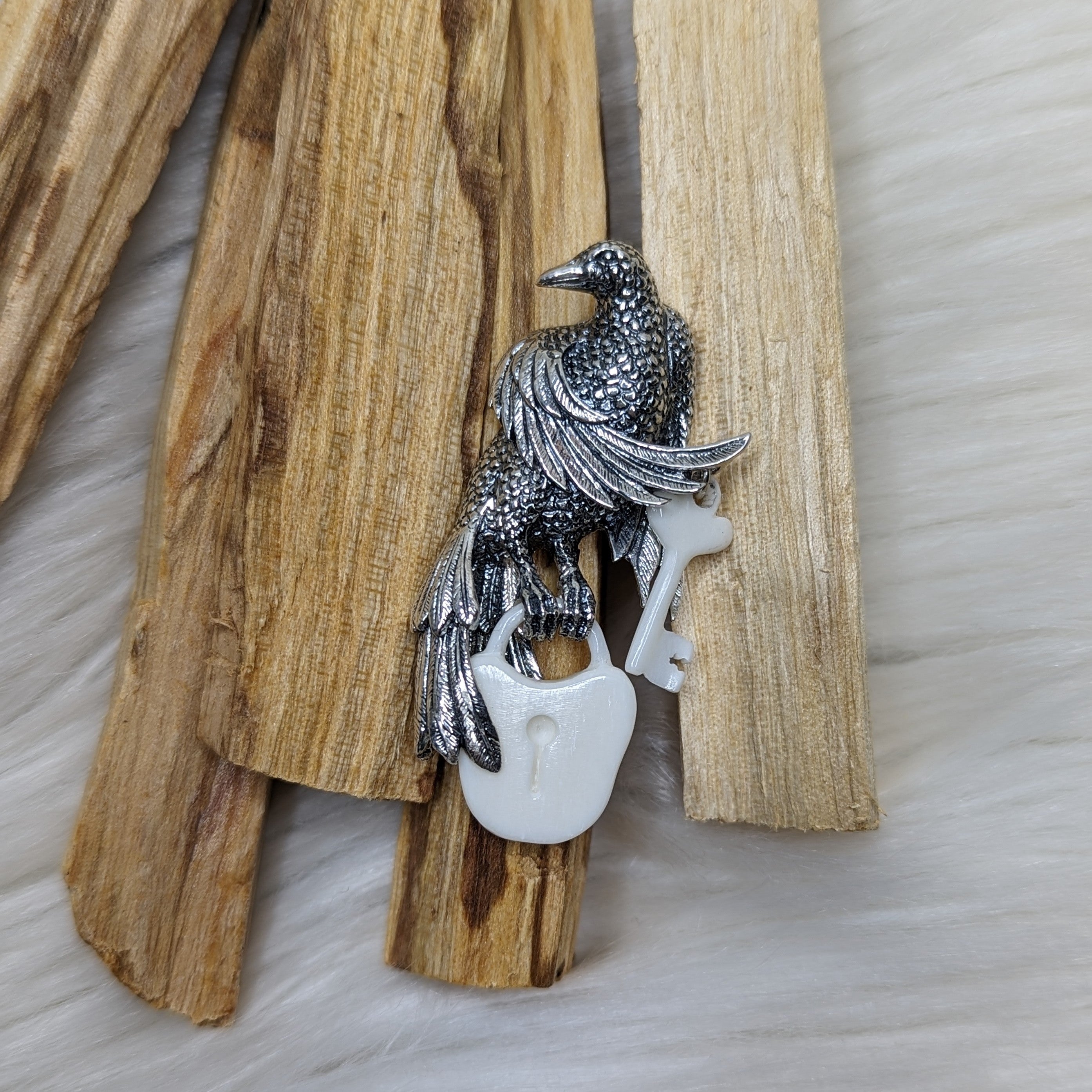 Sterling Silver Raven with Bone Carving Lock & Key Pendant ~ Includes Silver Chain - Earth Family Crystals