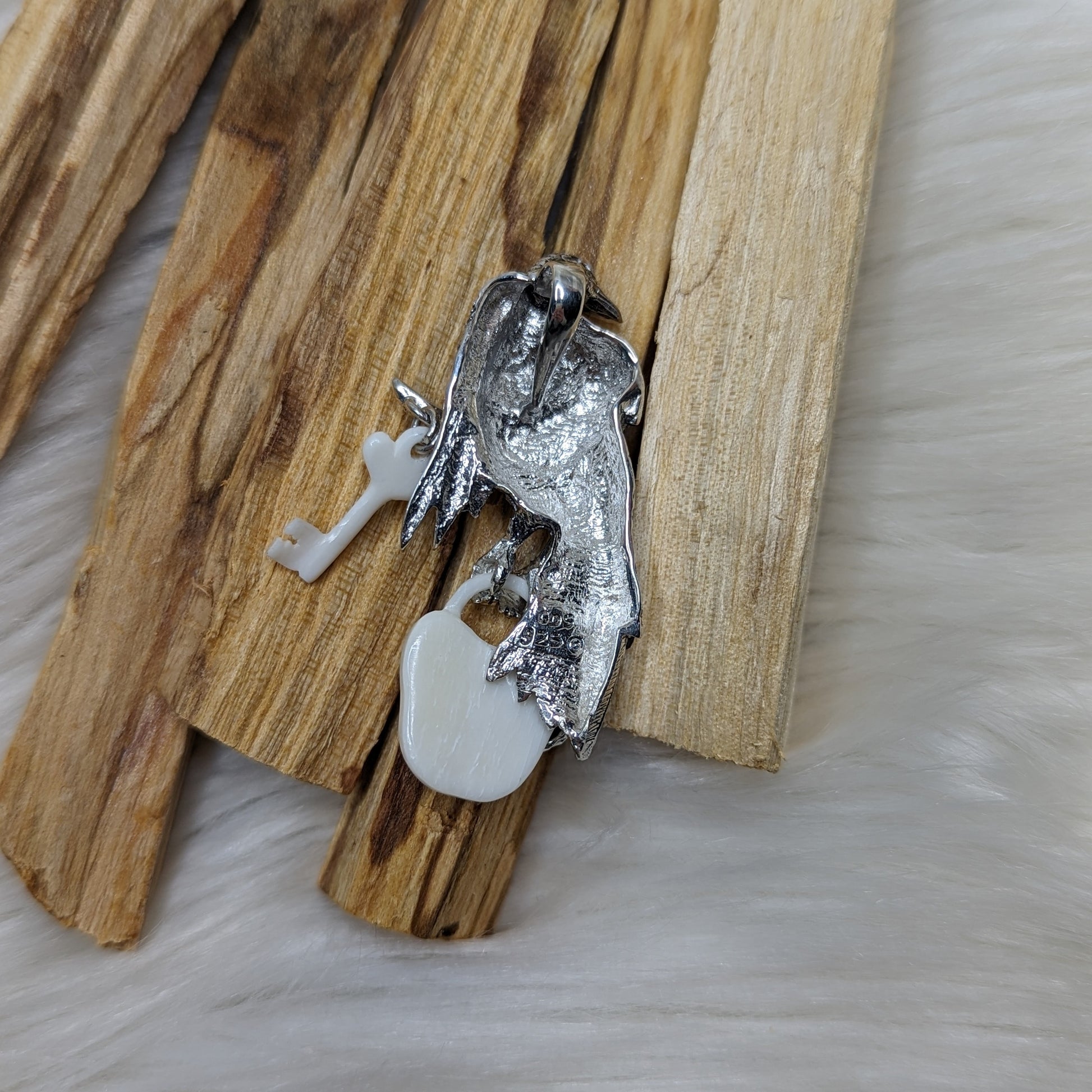 Sterling Silver Raven with Bone Carving Lock & Key Pendant ~ Includes Silver Chain - Earth Family Crystals