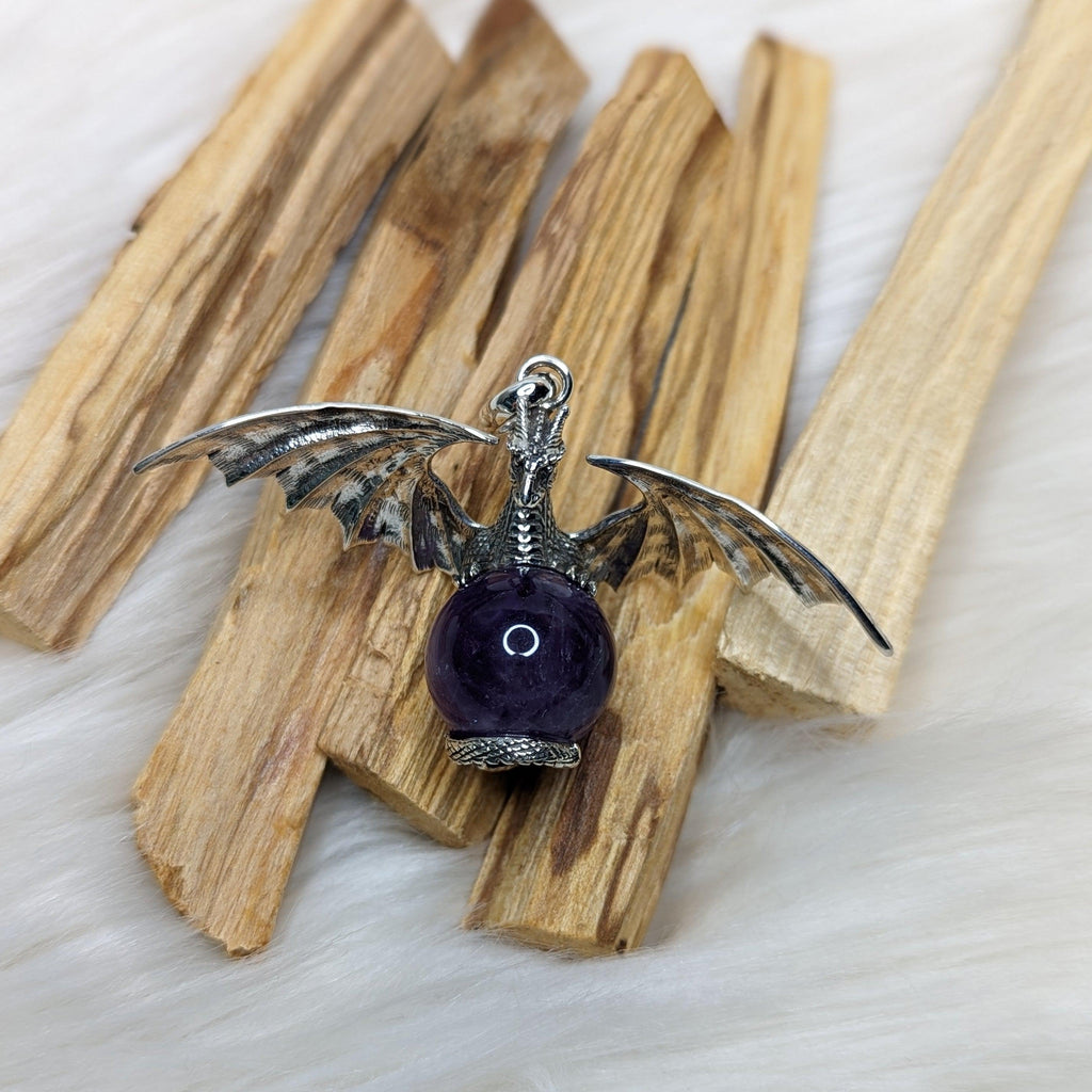 Protective Dragon with Gemstone Sphere Pendant~ Includes Silver Chain ~Amethyst or Clear Quartz ~ - Earth Family Crystals