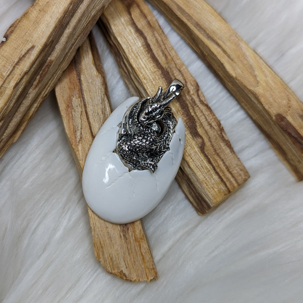 Dragon Baby in Egg~ Bone Carving and Sterling Silver Pendant~ Includes Silver Chain - Earth Family Crystals
