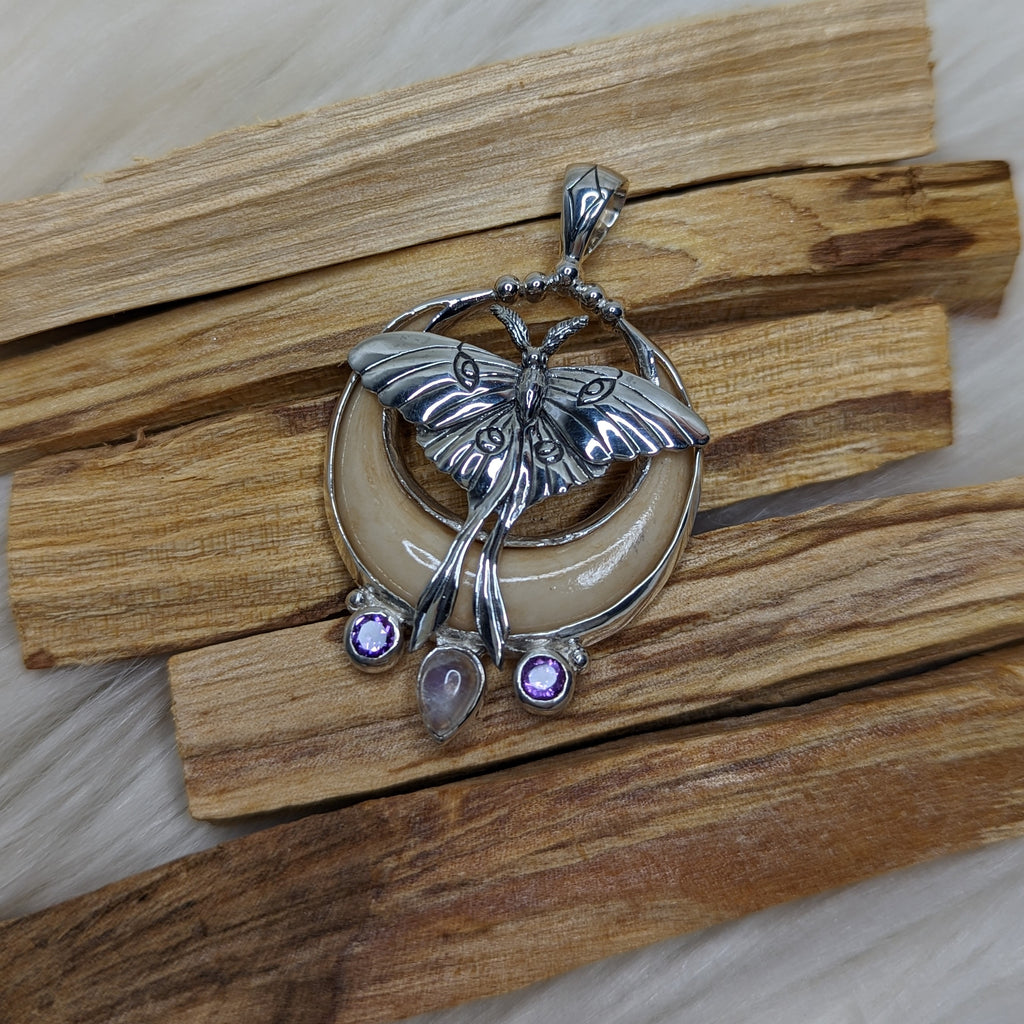 Sterling Silver Mystical Moth Pendant with Bone Carving Crescent Moon, Amethyst & Moonstone ~ Includes Silver Chain - Earth Family Crystals