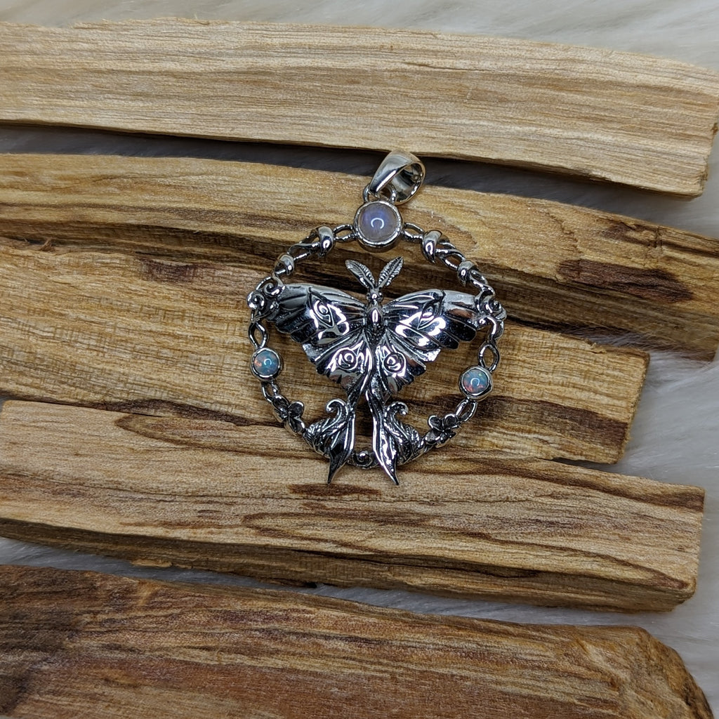 Sterling Silver Moth Pendant with Mystic Topaz & Moonstone ~ Includes Silver Chain - Earth Family Crystals
