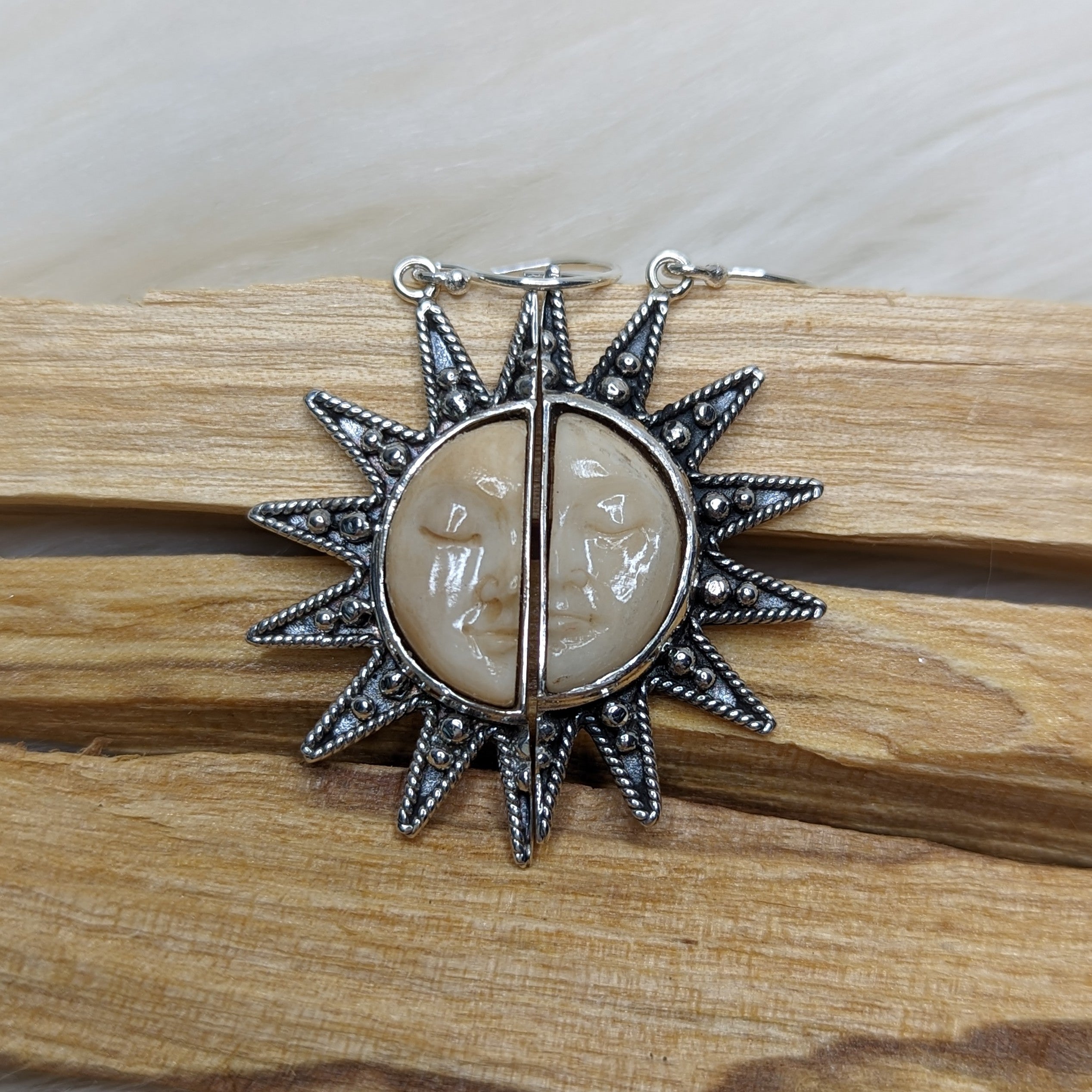 Happy Sun Goddess Face Bone Carving Earrings in Sterling Silver - Earth Family Crystals