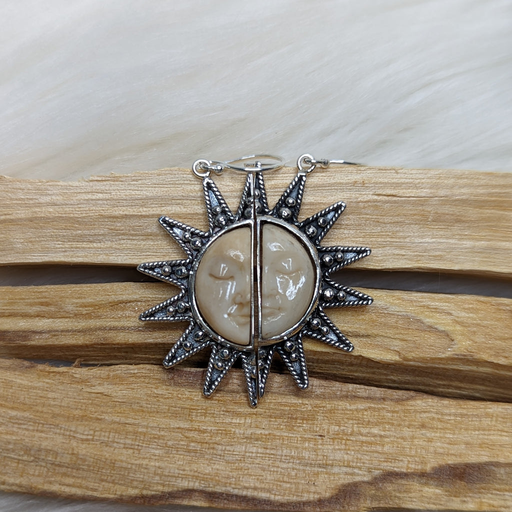 Happy Sun Goddess Face Bone Carving Earrings in Sterling Silver - Earth Family Crystals