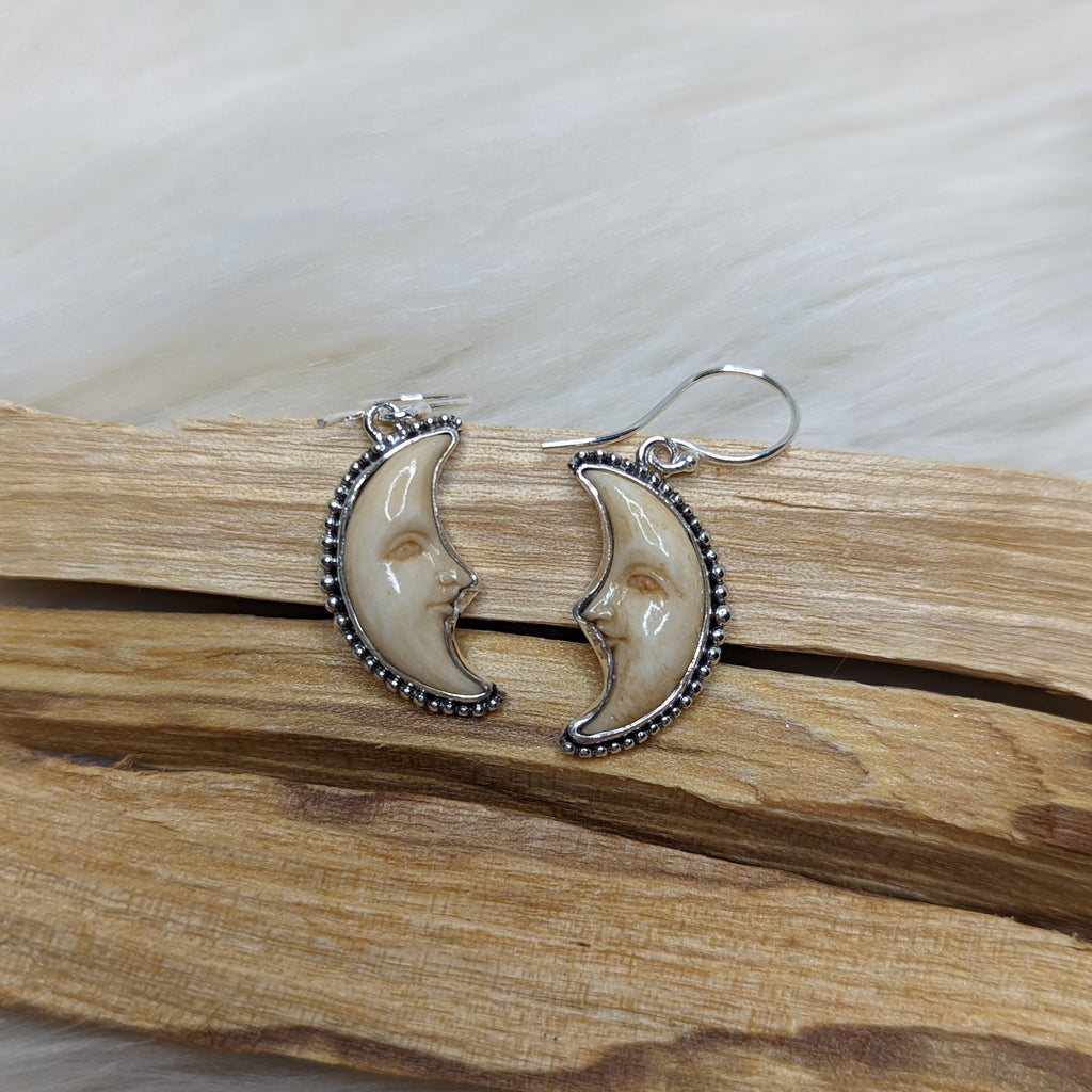 Crescent Moon Face Bone Carving Earrings in Sterling Silver - Earth Family Crystals
