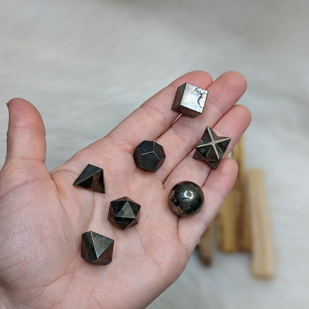 Sacred Geometry (Platonic solids) Pyrite~  7 Shape Crystal Set - Earth Family Crystals