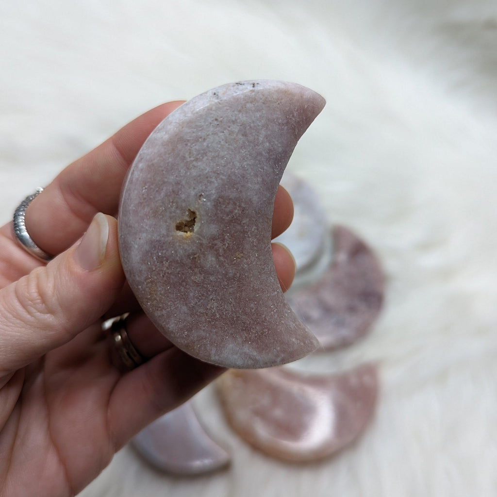 One DREAMY Pink Amethyst small Crescent Moon Carving - Earth Family Crystals