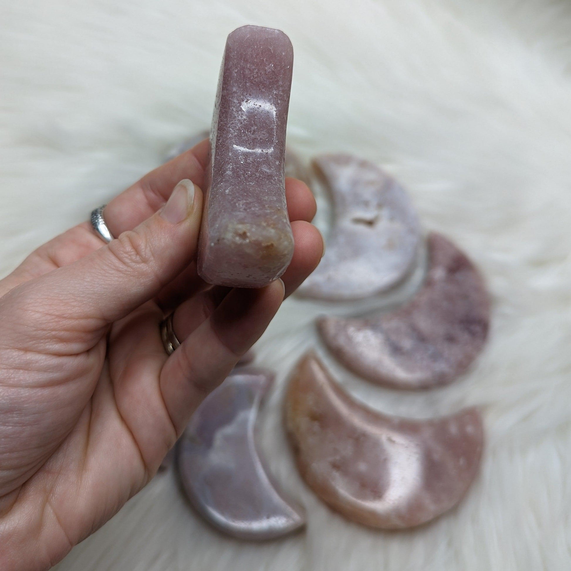 One DREAMY Pink Amethyst small Crescent Moon Carving - Earth Family Crystals