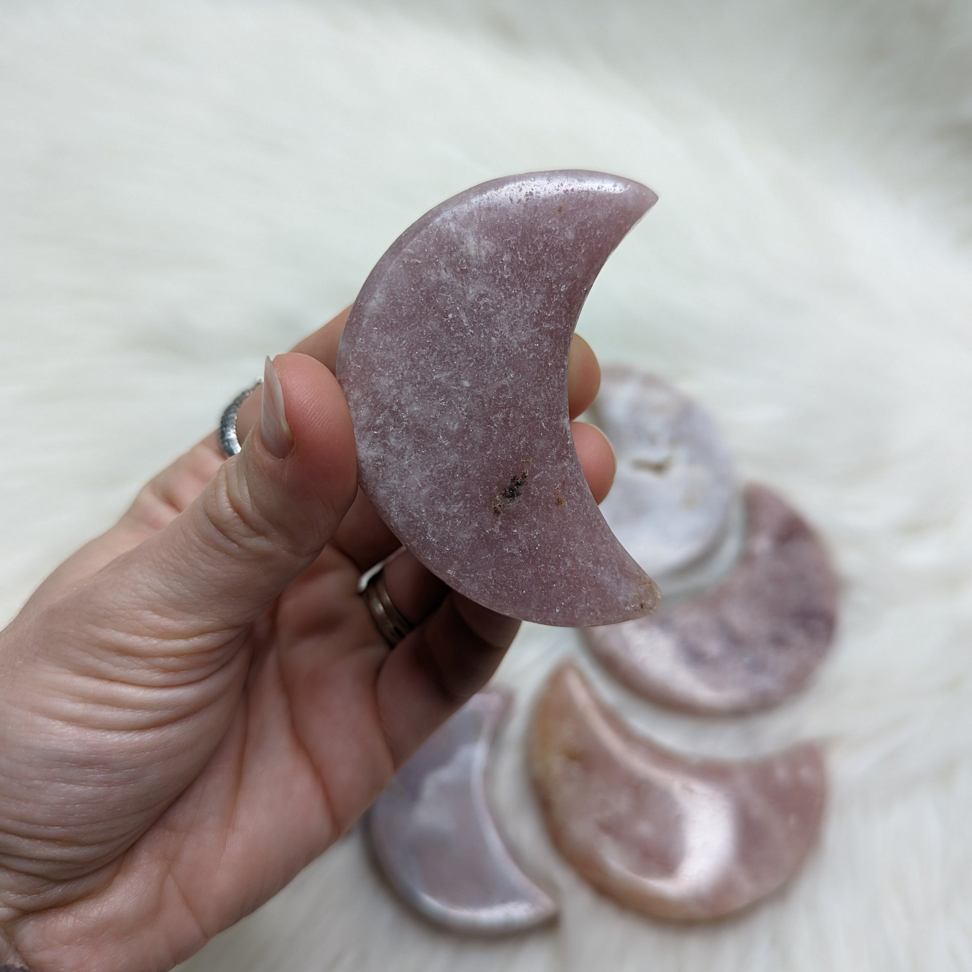 One DREAMY Pink Amethyst small Crescent Moon Carving - Earth Family Crystals
