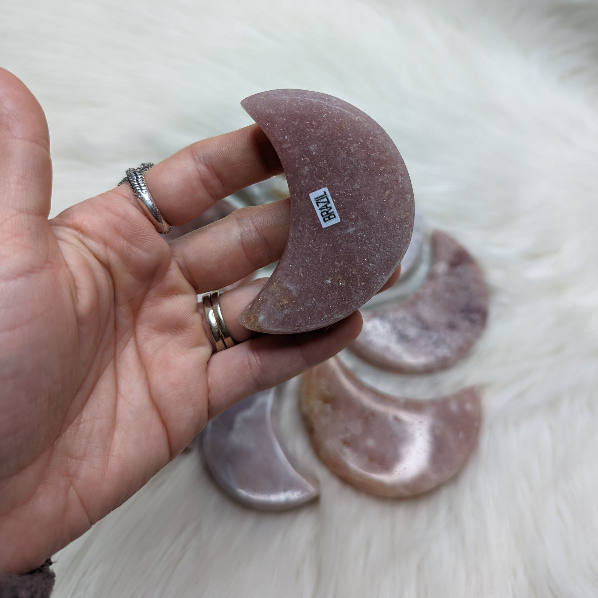 One DREAMY Pink Amethyst small Crescent Moon Carving - Earth Family Crystals