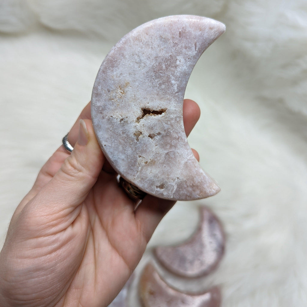 One DREAMY Pink Amethyst Large Crescent Moon Carving - Earth Family Crystals