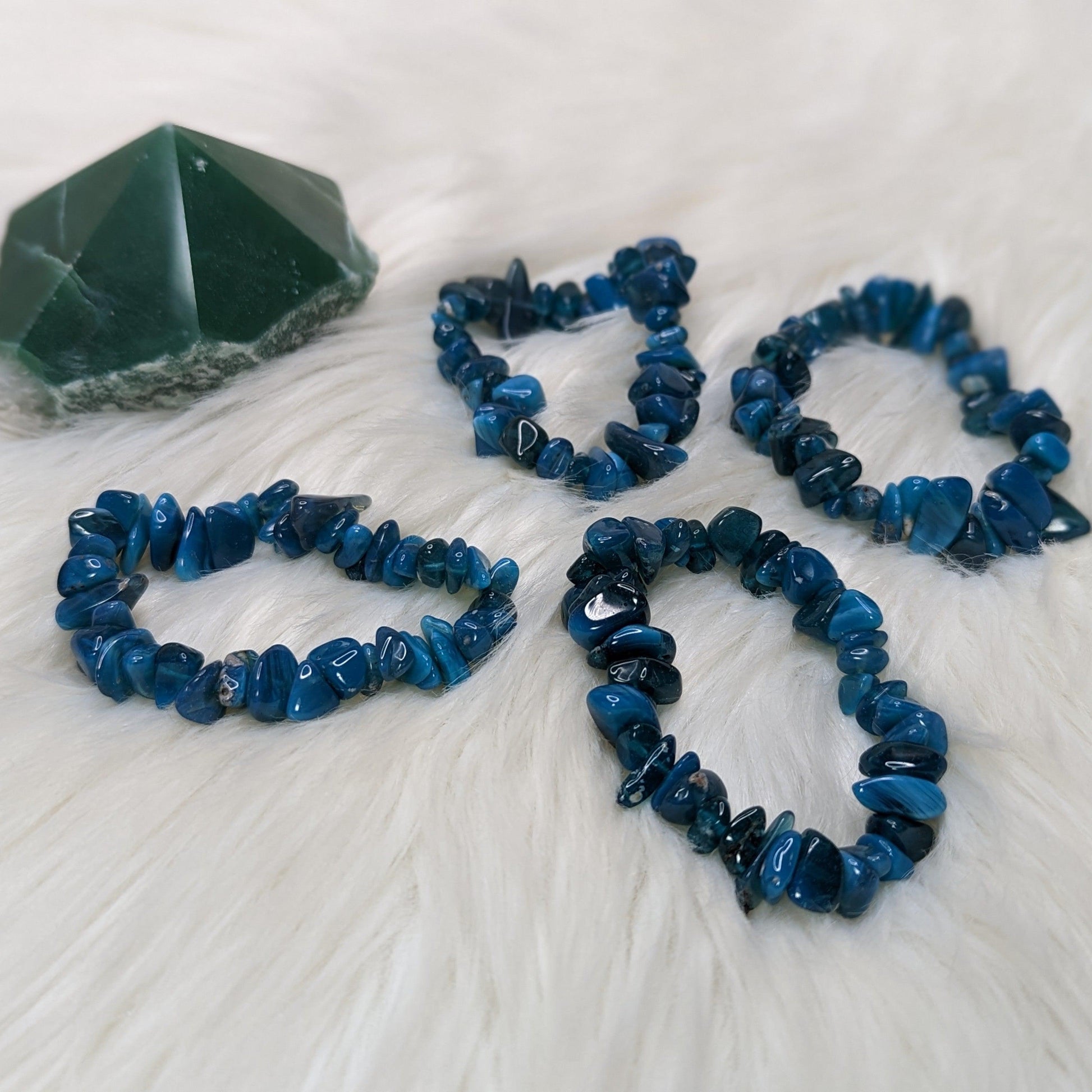 One Blue Glossy Glass Chip Bracelet on Stretchy Cord - Earth Family Crystals