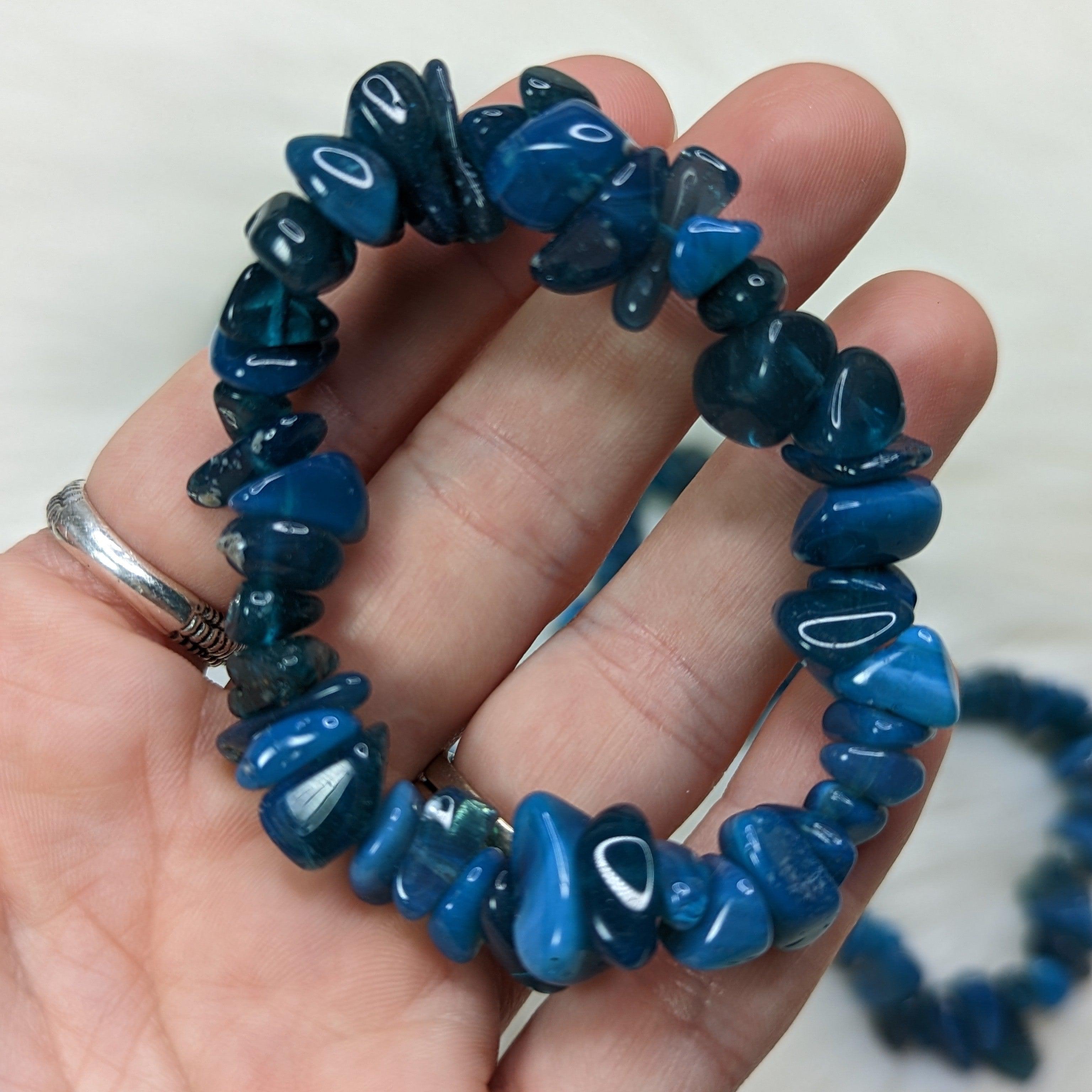 One Blue Glossy Glass Chip Bracelet on Stretchy Cord - Earth Family Crystals