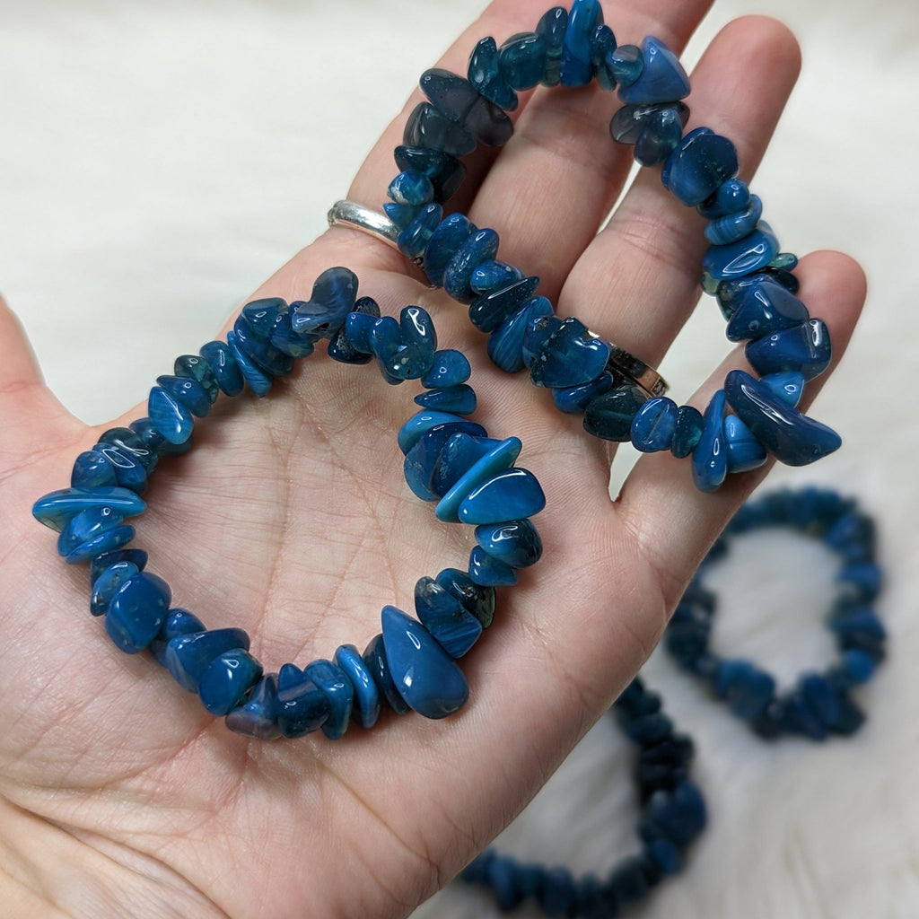 One Blue Glossy Glass Chip Bracelet on Stretchy Cord - Earth Family Crystals