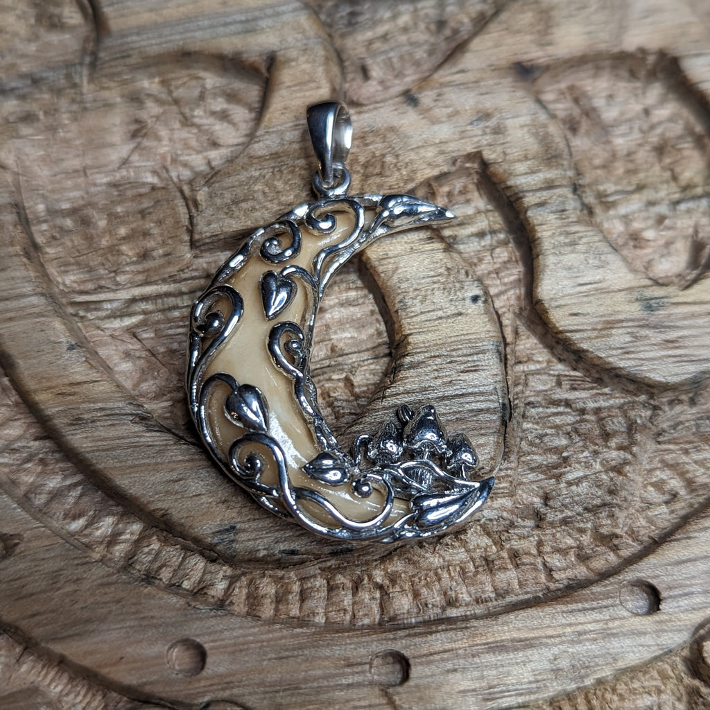 Moon & Mystic Mushroom Pendant~ Bone Carving ~ Sterling Silver ~ Silver Chain Included - Earth Family Crystals