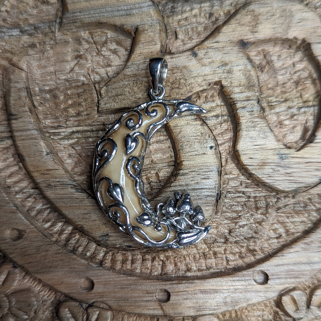 Moon & Mystic Mushroom Pendant~ Bone Carving ~ Sterling Silver ~ Silver Chain Included - Earth Family Crystals