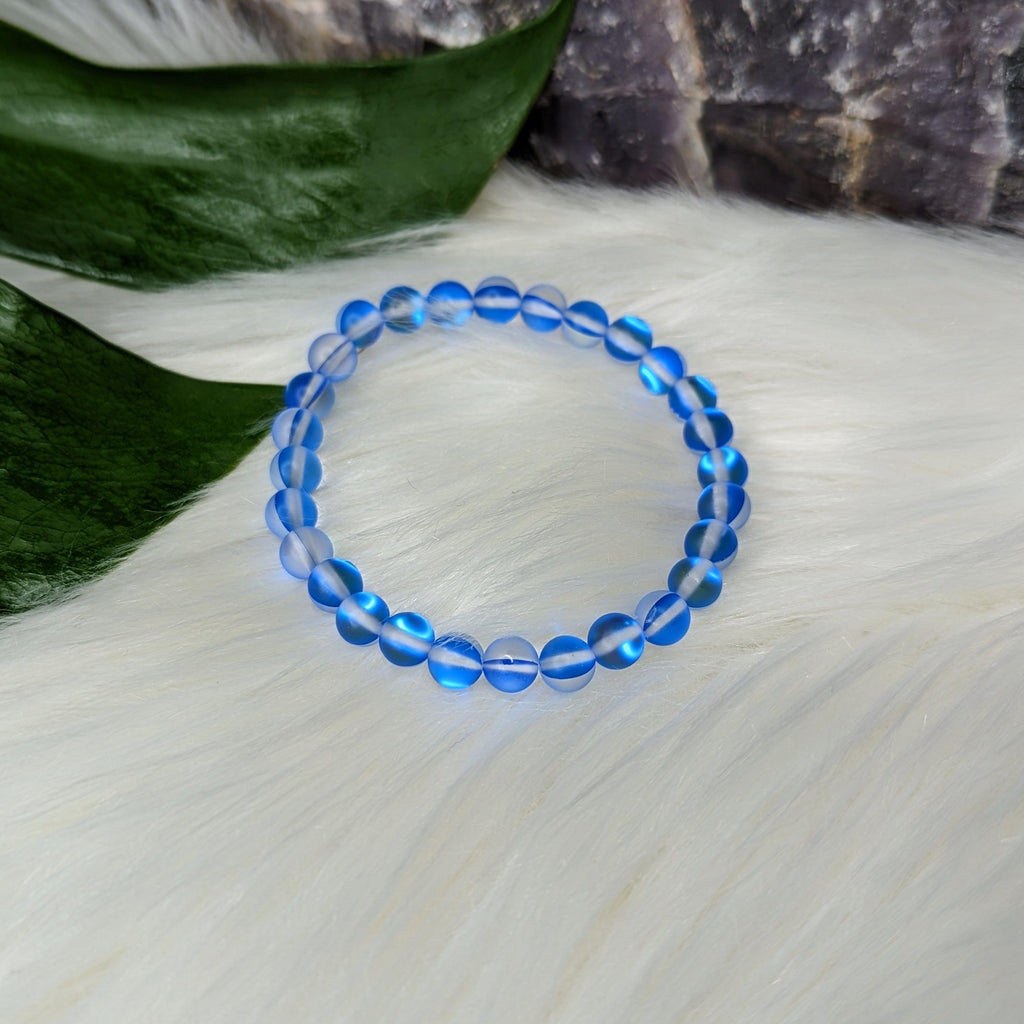 True Blue Mermaid Glass Stretch Bracelet ~ Rainbow Iridescent Glow - Earth Family Crystals
