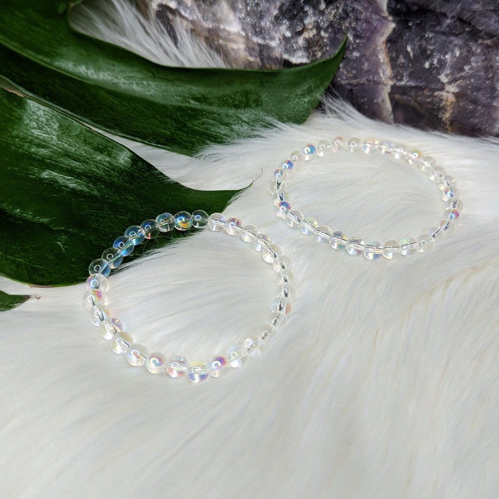 Clear Flash Mermaid Glass Stretch Bracelet ~ Rainbow Iridescent Glow - Earth Family Crystals