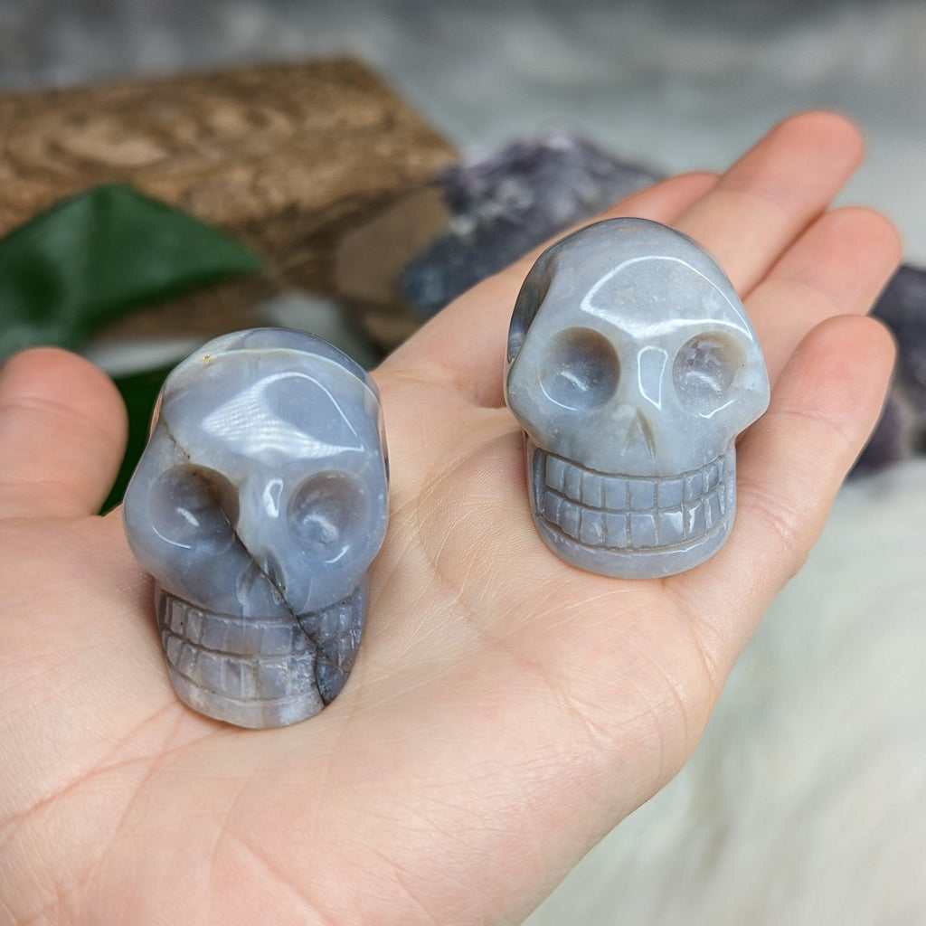 Natural Blue Lace Agate Skull Carving - Earth Family Crystals