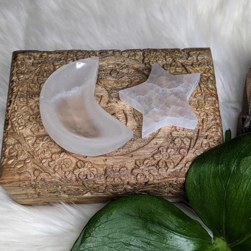 Selenite Moon Tray & Charging Star Carving Set ~ Charge and Amplify - Earth Family Crystals