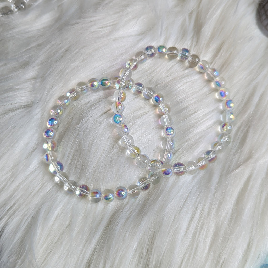 Clear Flash Mermaid Glass Stretch Bracelet ~ Rainbow Iridescent Glow - Earth Family Crystals
