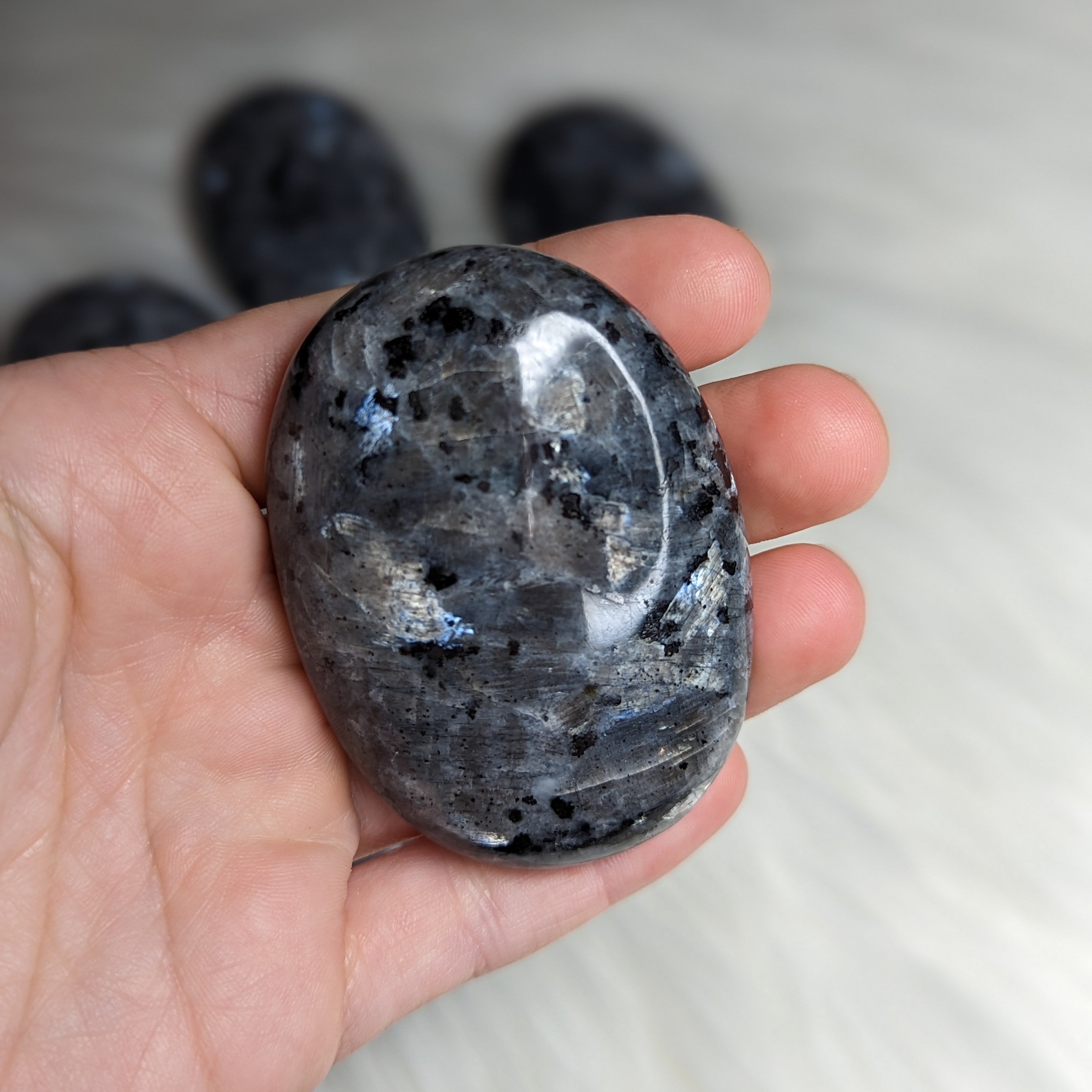 Amazing Flash~ Larvakite Pillow Palm Stone Carving ~Access Higher Realms with Protective Energy~ - Earth Family Crystals