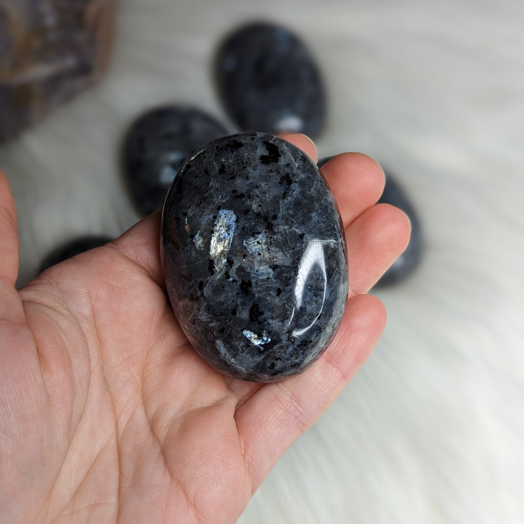 Amazing Flash~ Larvakite Pillow Palm Stone Carving ~Access Higher Realms with Protective Energy~ - Earth Family Crystals