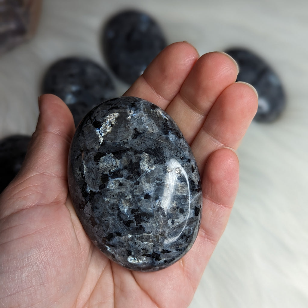 Amazing Flash~ Larvakite Pillow Palm Stone Carving ~Access Higher Realms with Protective Energy~ - Earth Family Crystals