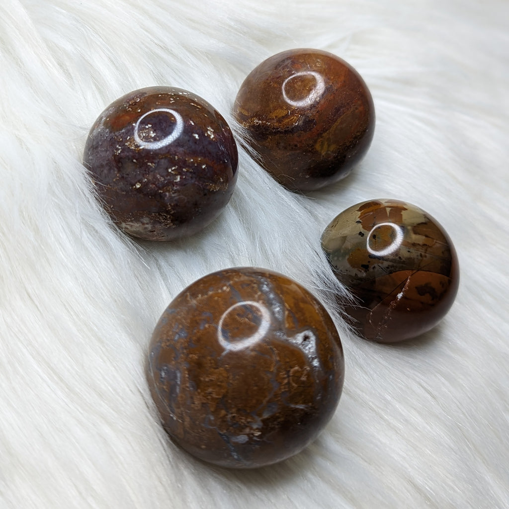 Unique, Small Red Moss Agate Sphere Carving - Earth Family Crystals