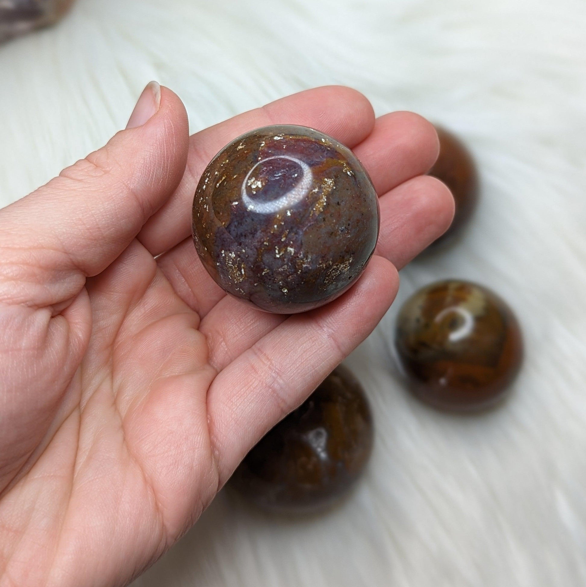 Unique, Small Red Moss Agate Sphere Carving - Earth Family Crystals