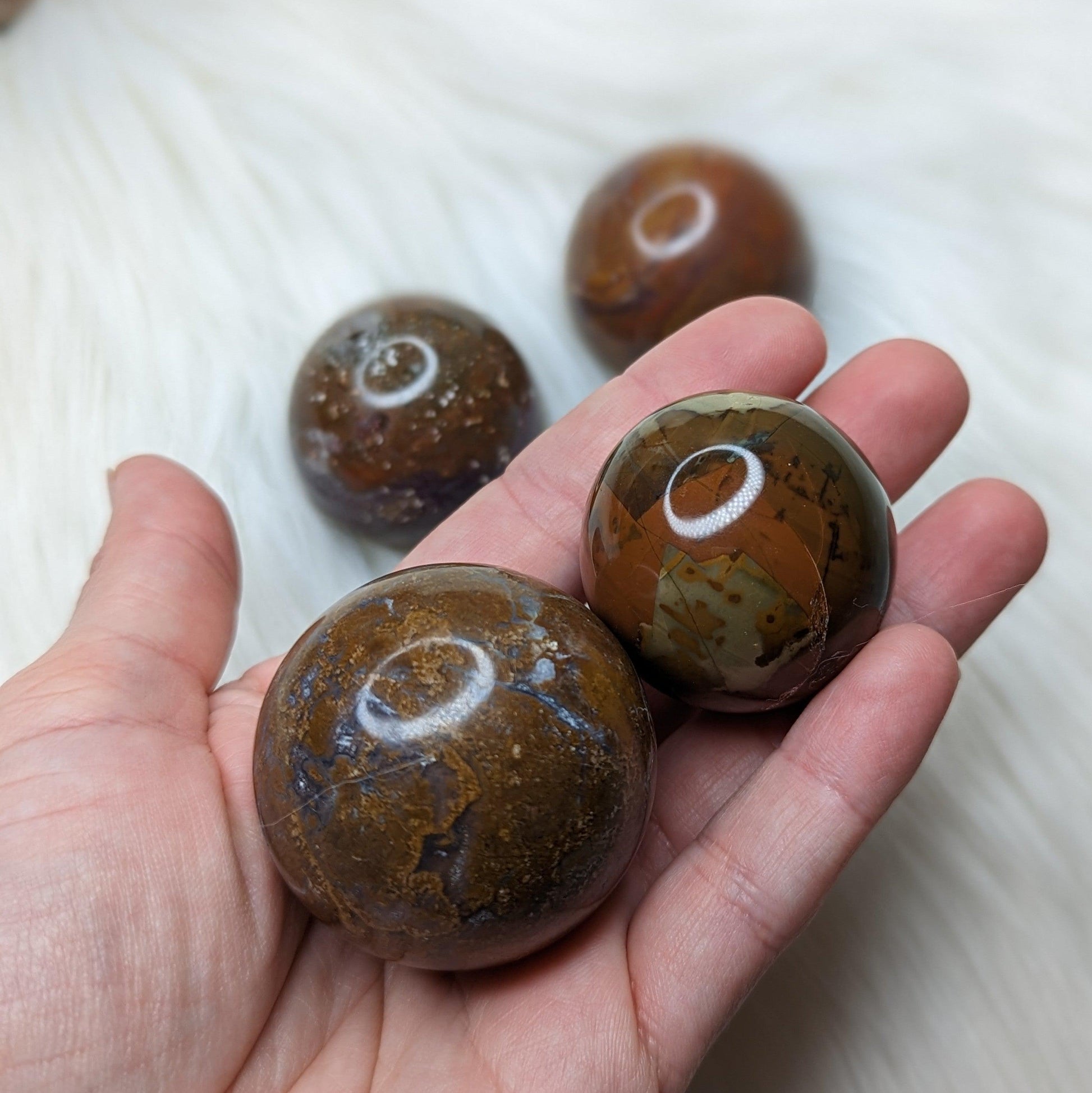 Unique, Small Red Moss Agate Sphere Carving - Earth Family Crystals