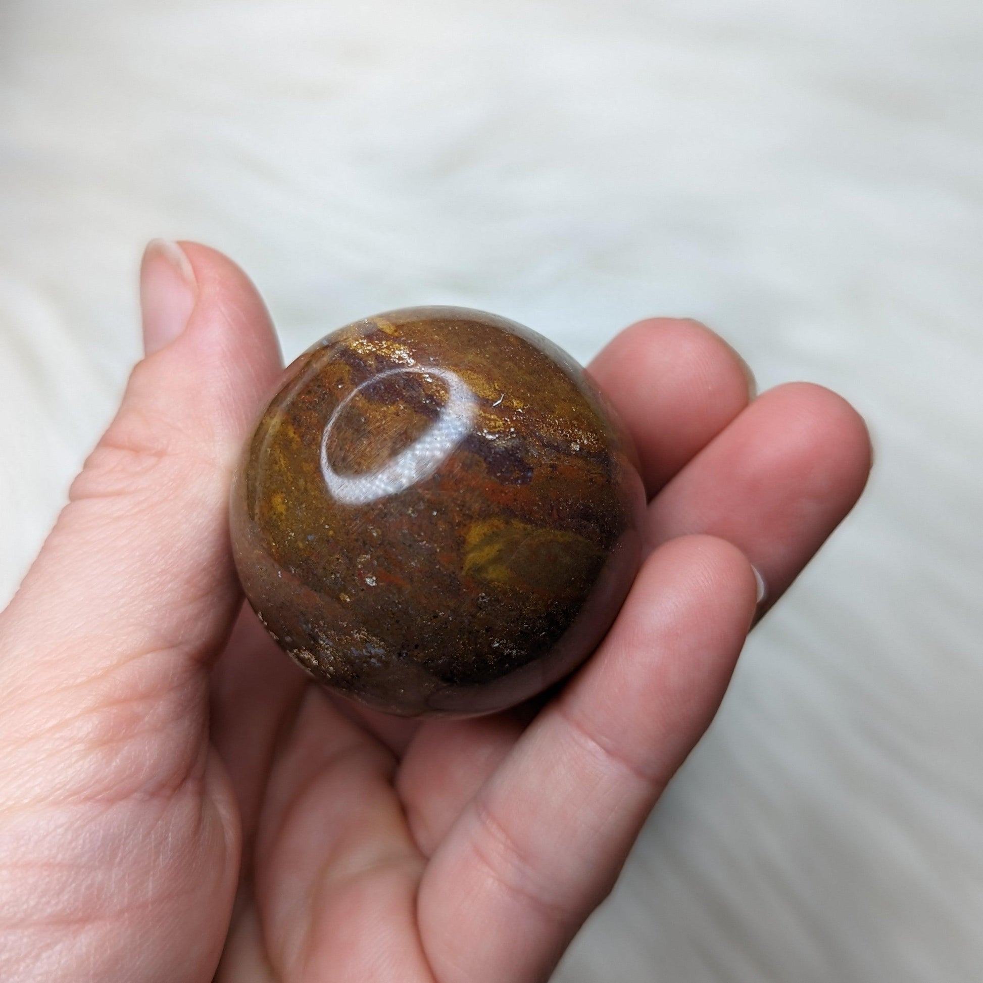 Unique, Small Red Moss Agate Sphere Carving - Earth Family Crystals